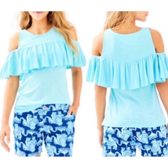 Lilly Pulitzer Lyra Cold‎ Shoulder Ruffle Top Seasalt Blue Women Size XS - Picture 1 of 9